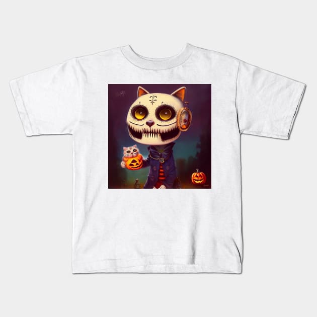Halloween Sugar Skull Cat #1 Kids T-Shirt by dozydonut